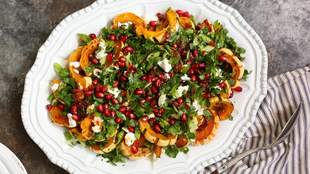 Roasted Delicata Squash with Goat Cheese, Pomegranate & Toasted Walnuts